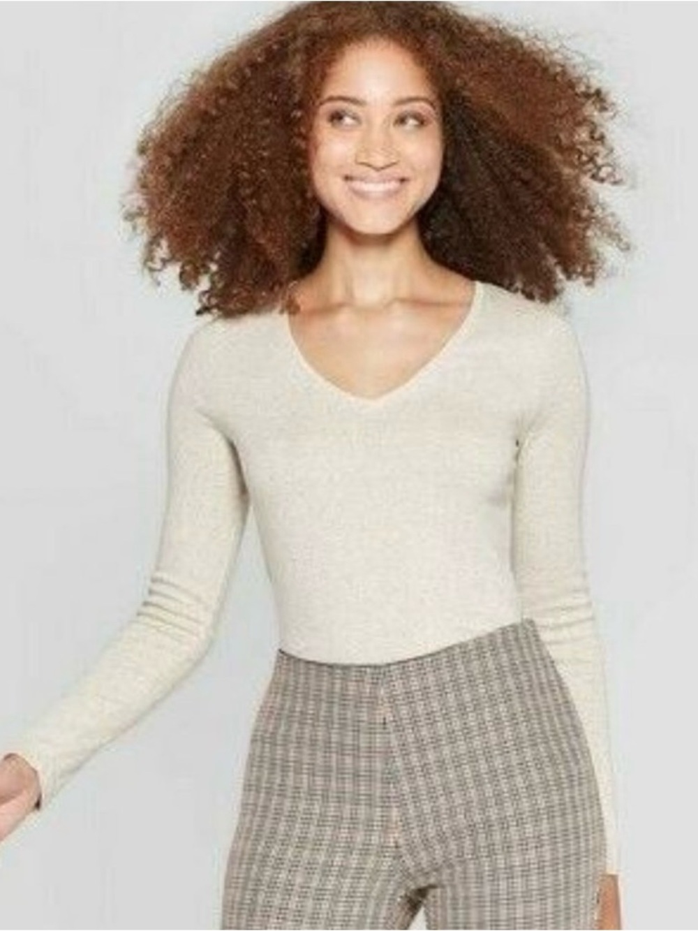 A New Day Oatmeal Beige V Neck Long Sleeve Top Small NEW 🤍
